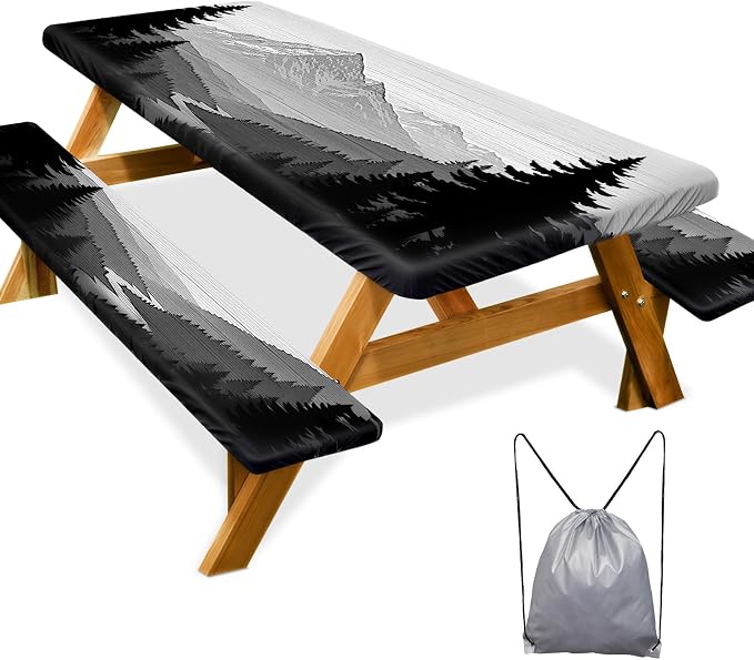 Picnic Table Cover Bench Covers Camping Essentials Tablecloth | Waterproof Vinyl for Outdoor, Windproof Elastic Fitted Edges, RV BBQ Accessories Must Haves, Storage Bag Included
