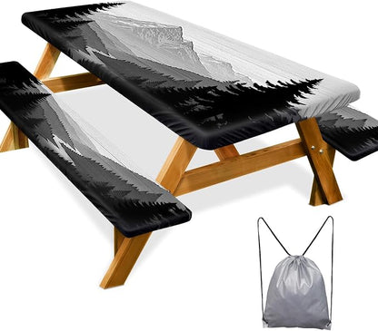 Picnic Table Cover Bench Covers Camping Essentials Tablecloth | Waterproof Vinyl for Outdoor, Windproof Elastic Fitted Edges, RV BBQ Accessories Must Haves, Storage Bag Included