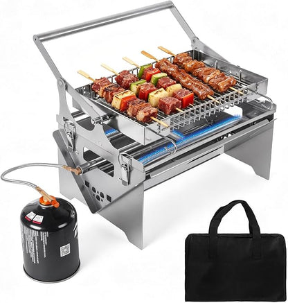 Portable Gas Grill,360° Rotating Charcoal Grill,Stainless Steel Flipping Camping Barbecue Grill with Carry Bag,Detachable BBQ Grill & Fire Pit for Outdoor Cooking,Camping,Tailgating, Patio & Backyard