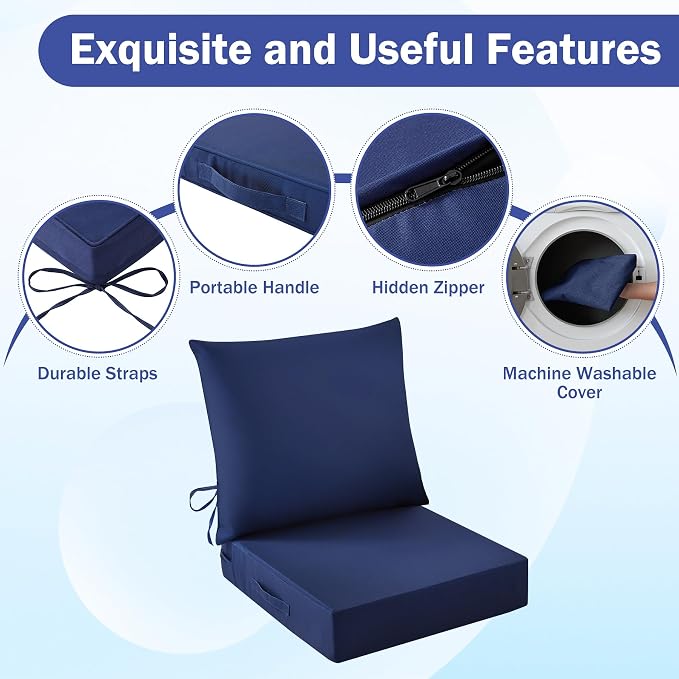 Outdoor Chair Cushions, 24 x 24 Inch Outdoor Cushion for Patio Furniture, Patio Chair Cushion, Waterproof & Fade Resistant Deep Patio Furniture Cushions Set with Handle and Ties, Navy Blue (Set of 6)