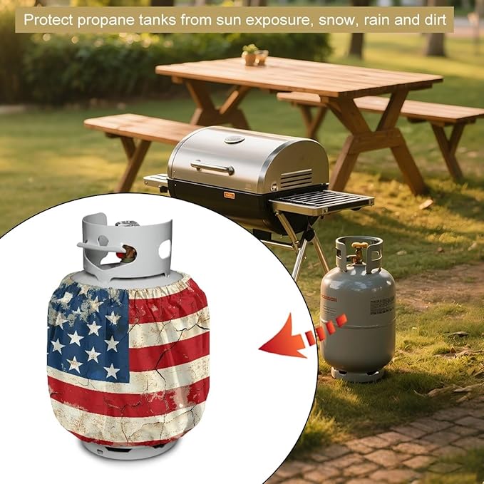 Propane Tank Cover 20 lb Patriotic American Flag Weather Resistant Gas Cylinder Polyester Vintage 4th of July Decoration for Travel Trailer RV and Outdoor Use
