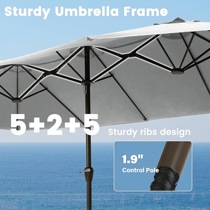 Ayge 15FT Patio Umbrella with Base,Large Outdoor Double-Sided Rectangle Umbrella with Crank Handle, Market Umbrella for Poolside Garden Deck Backyard Beach Pools,Light Gray