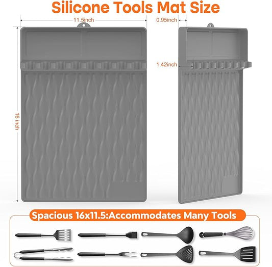 Silicone Griddle Tools Mat with Drip Pad for Blackstone – Non-Slip Spatula Rest & Side-Shelf Mat for Outdoor Grill Kitchen Counter, Heat-Resistant Grill Pad, Blackstone Griddle Accessories-Gray2-Pack