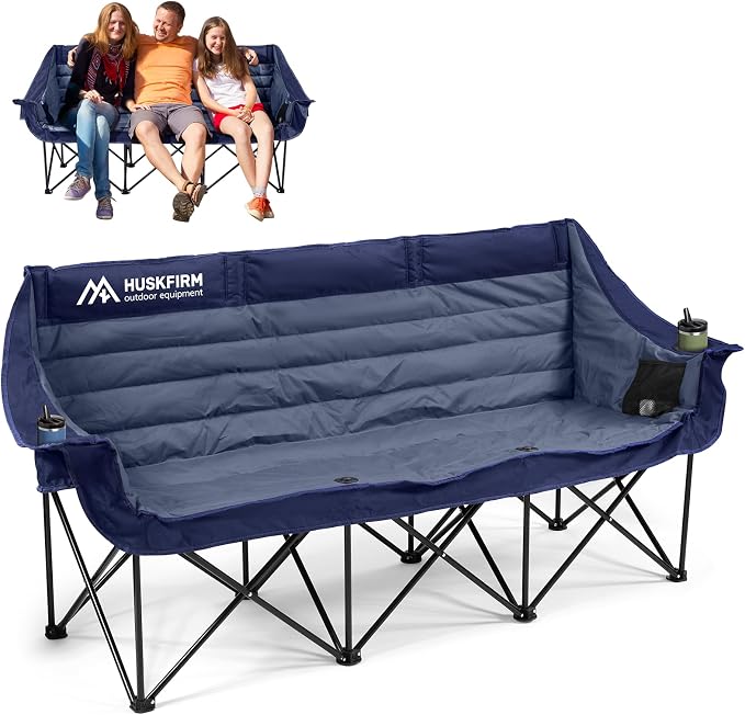 Huskfirm 3 Person Camping Chairs Folding Double Camp Chair for Adults Blue | Oversized Loveseat Camping Chair Padded Heavy Duty Camping Couch for Outdoor Lawn with Two Cup Holders and Carry Bag