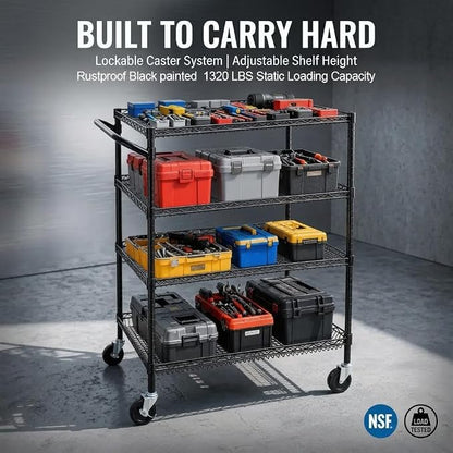 Finnhomy 4 Tier Heavy Duty Commercial Grade Rolling Cart with Handle Bar, Metal Wire Utility Cart with Wheels, Shelf Size 18" D x 30" W, NSF Listed, Black