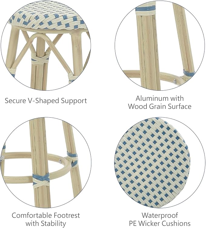 Seadrift Boho 30-inch Aluminum and All-Weather Wicker Barstools with Footrest, Patio Stools & Bar Chairs for Outdoor, Kitchen Counter, Poolside, Yard, Set of 2, Blue and Beige