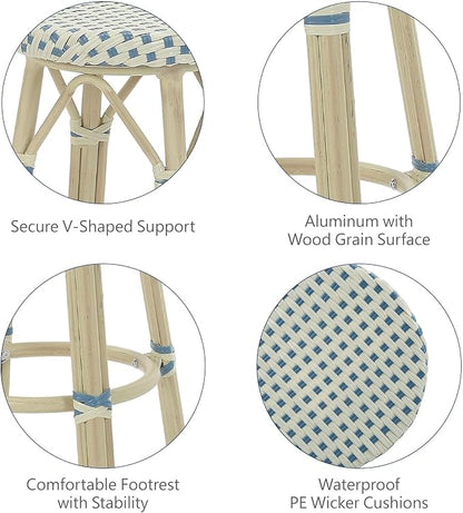 Seadrift Boho 30-inch Aluminum and All-Weather Wicker Barstools with Footrest, Patio Stools & Bar Chairs for Outdoor, Kitchen Counter, Poolside, Yard, Set of 2, Blue and Beige