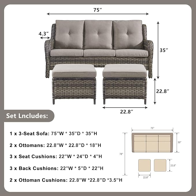Rilyson Wicker Outdoor Patio Sofa with Ottoman, Large 3 Seater Wicker Patio Couch with 4in Replaceable Seat Cushions and Deep Seating, All Weather for Backyard, Garden, Poolside (Mixed Grey/Grey)