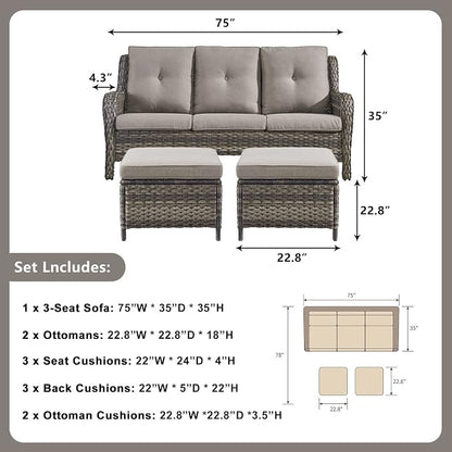 Rilyson Wicker Outdoor Patio Sofa with Ottoman, Large 3 Seater Wicker Patio Couch with 4in Replaceable Seat Cushions and Deep Seating, All Weather for Backyard, Garden, Poolside (Mixed Grey/Grey)