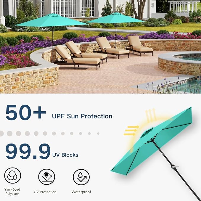 6.5' x 10' Rectangular Patio Umbrella Large Outdoor Market Umbrella w/ UV Protection, Push Button Tilt and Crank Lift, Rectangle Table Umbrella for Garden, Deck, Pool, Patio, Turquoise Blue