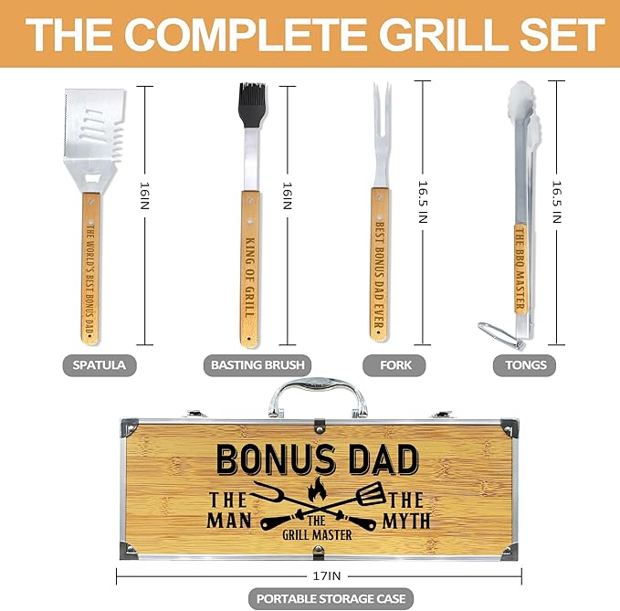 Bonus Dad Gifts from Bonus Daughter Fathers Day, Heavy Duty Wooden BBQ Grilling Accessories Kit for Backyard, Thick Stainless Steel Grill Utensils with Non-Slip Handle Tools in Portable Bag