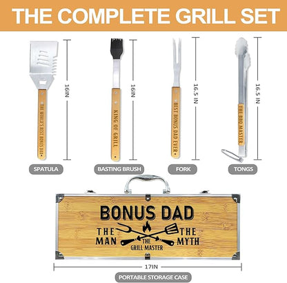 Bonus Dad Gifts from Bonus Daughter Fathers Day, Heavy Duty Wooden BBQ Grilling Accessories Kit for Backyard, Thick Stainless Steel Grill Utensils with Non-Slip Handle Tools in Portable Bag