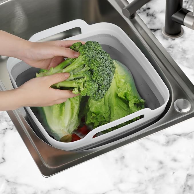 Dishpan for Washing Dishes, 2.4Gal/9L Wash Basin with Draining Plug Carry Handles, Collapsible Bucket for Cleaning, Portable Sink, Foldable Plastic Tub