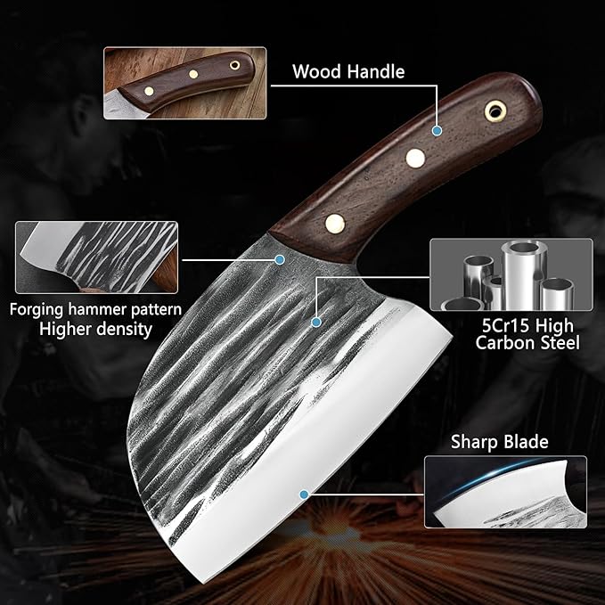 ZENG 8 Pieces Butcher Knife Set with Roll Bag, Chef Knife Set for Meat Cleaver Cutting & Viking Knives with Ergonomic Handles, Stainless Steel Hand Forged Kitchen Knife Set for Home, Cooking, Camping