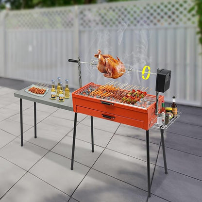 Portable Charcoal Grill for Outdoor Grill, 2 in 1 Stainless Steel Barbecue Grill Rotisserie Electric Grill, Foldable Camping Grill with Detachable Table, Spice Rack, Ideal for Outdoor Camping BBQ