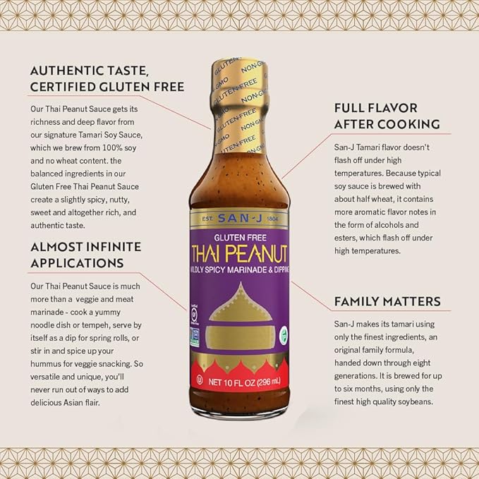 San-J - Spice of Life Variety Pack- Teriyaki, Orange Sauce, Szechuan, Thai Peanut - All Gluten Free Cooking Sauces - Non-GMO - 10 oz. Bottles - 4 Pack