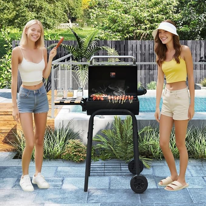 Gecheer Charcoal Grill, Barrel BBQ with Foldable Side Table, Thermostat, 24 Inch Portable Grill for Backyard, Patio, Camping and Tailgate Parties