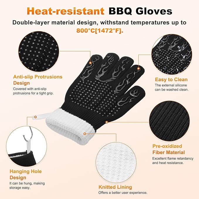 M METERXITY 1-Pair BBQ Gloves, 1472°F Heat Resistant Non-Slip Grilling Oven Gloves for Barbecue/Baking/Cooking, with Storage Bag [Flame Pattern L, Black]