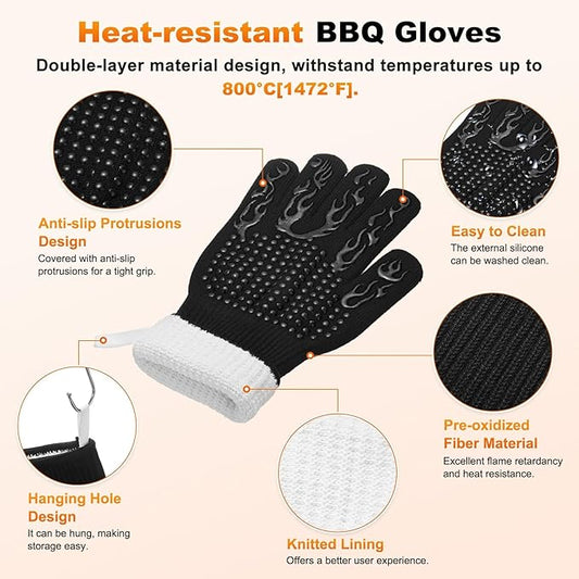 M METERXITY 1-Pair BBQ Gloves, 1472°F Heat Resistant Non-Slip Grilling Oven Gloves for Barbecue/Baking/Cooking, with Storage Bag [Flame Pattern L, Black]