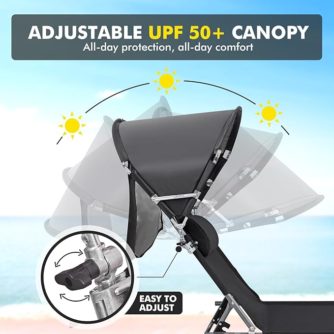 Wheel-To-Go Tanning Chair with Wheels & Sun Canopy Umbrella & Face Hole | Portable Heavy Duty Folding Lounge Chair | Outside Sunbathing Reading Beach Poolside Lawn | Lay Flat | 300 LBS (Patent Design)