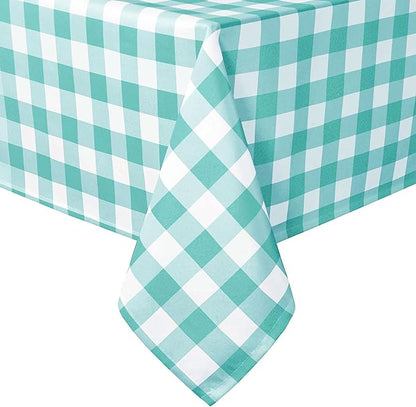 Hiasan Checkered Tablecloth Rectangle, 60 x 140 Inch - Waterproof, Wrinkle Resistant and Washable Gingham Table Cloth for Outdoor Picnic, Kitchen and Holiday Dinner, Aqua and White