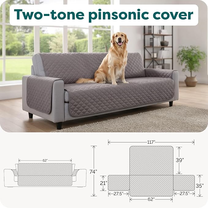 FurHaven Water-Resistant Sofa Cover for Dogs & Cats, Reversible Couch Protector with Secure Straps and Pinsonic Quilted Fabric, Machine Washable Couch Cover, Sofa Sized, Gray Mist