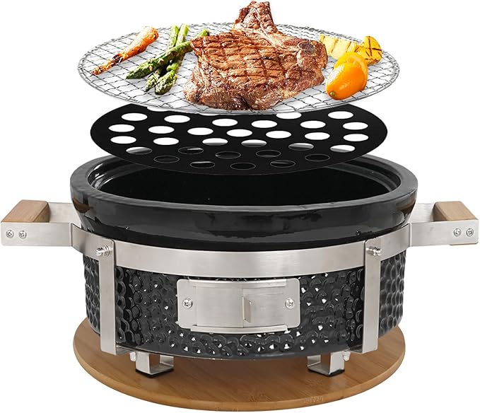 Yakitori Ceramic Charcoal Grill, Japanese Style Tabletop BBQ With Bamboo Heat Shield For Indoor/Outdoor, Round, DIA-14”