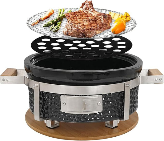 Yakitori Ceramic Charcoal Grill, Japanese Style Tabletop BBQ With Bamboo Heat Shield For Indoor/Outdoor, Round, DIA-14”