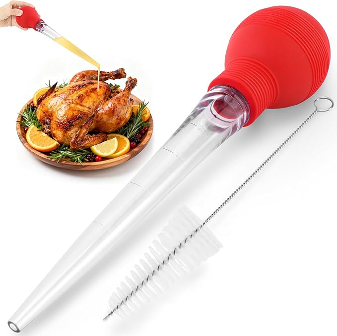 Large Turkey Baster for Cooking - Premium Baster Syringe for Hot Liquids - Heat-Resistant Silicone Bulb, Easy-Grip Design with Cleaning Brush - Dishwasher Safe - Baste Food with Ease - Red