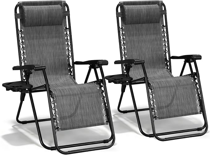 Zero Gravity Chairs Set of 2, Adjustable Lounge Chair Outdoor Recliner, Folding Reclining Lawn Chair, Anti Gravity Chair with Pillow & Cup Holder for Pool Camping Sunbathing Beach Patio (Gray)