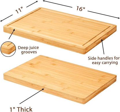 Allsum Bamboo Wood Cutting Boards for Kitchen, 1" Extra Thick Butcher Block with Juice Grooves & Handles Resisting to Warping and Cracking, Fancy Charcuterie Boards, 16"L x 11"W