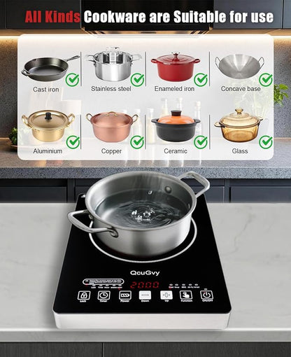 Portable Infrared Burner 2000W Electric Burner with 3 Hours Timer-Electric Hot Plate Touch Control Panel Adjustable Heating Power Glass Plate Electric Cooktop for Cooking (Black 2)