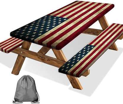 Picnic Table Cover with Bench Covers 4th of July Independence Day Tablecloth Camping Essentials Rv Travel Gear Must Haves Accessories Fitted Table Cloth Outdoor Camper Gifts American Flag, 30X96 Inch
