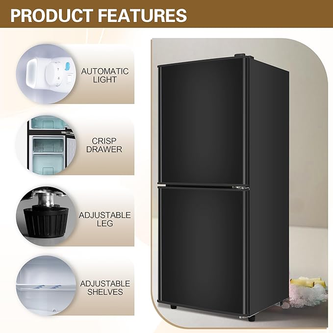 Dorm Size Fridge with Freezer 4.3 Cu. Ft., 2-Door Small Refrigerator with Bottom Freezer, 7-Level Thermostat Control, Low Noise Mini Fridge for Apartment, Office, Kitchen, Black