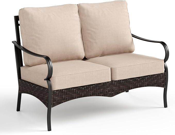 PHI VILLA Wicker & Metal Outdoor 2-Seat Patio Couch,Patio Sofa Loveseat with Deep Seating for Front Porch, Deck, Balcony, Backyard, Sunroom，Beige