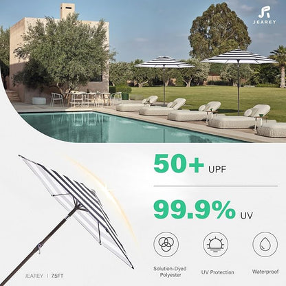 JEAREY 7.5FT Patio Umbrella Market Table Umbrella with 6 Sturdy Ribs, Push Button Tilt/Crank Outdoor Umbrella for Garden, Deck, Backyard, Pool, Black & White Stripe