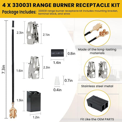 MP22YA Range Burner Element Set with 4pcs 330031 Receptacle Kit | 2 pcs MP21YA 8" & 2 pcs MP15YA 6", 4pcs 330031 Range Burner Receptacle Kit, Fit for Whirl-pool Ken-more Stoves