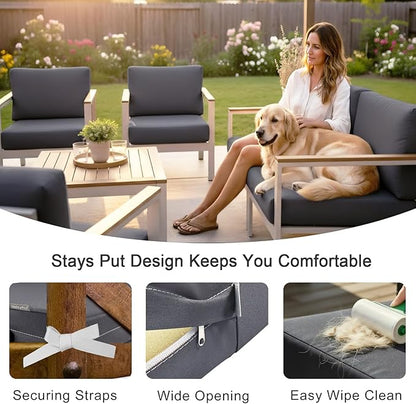 NettyPro Patio Cushion Covers Replacement Set 4 Water Repellent UV Resistant Outdoor Chair Seat Cushion Slipcover with Zipper and Tie, 24 x 24 x 4 Inch, Grey