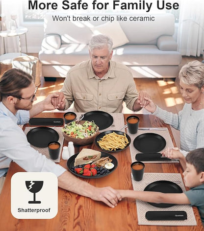 Quatish 16 Piece Plates and Bowls Sets for 4, Unbreakable Dinnerware Sets, Dish Set for Camping, Dishwasher Microwave Safe, Outdoor Kitchen and Apartment Dorm Dinning RV Essentials, Black