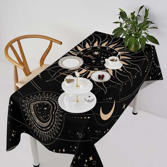 Vintage Tarot Moon Tablecloth Boho Mystical Crescent Cosmic Zodiac Star Galaxy Space Table Cloth Water Resistant Wipeable Table Cover for Picnic Party Holiday Kitchen Dinner Table 55"x55"
