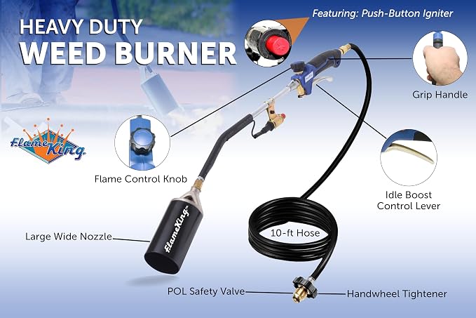 Flame King Propane Torch Kit Heavy Duty Weed Burner, 340,000 BTU with Piezo Igniter (Self Igniting), with 10-ft Hose for Weed Burning, Melting Ice and Snow, and Roofing