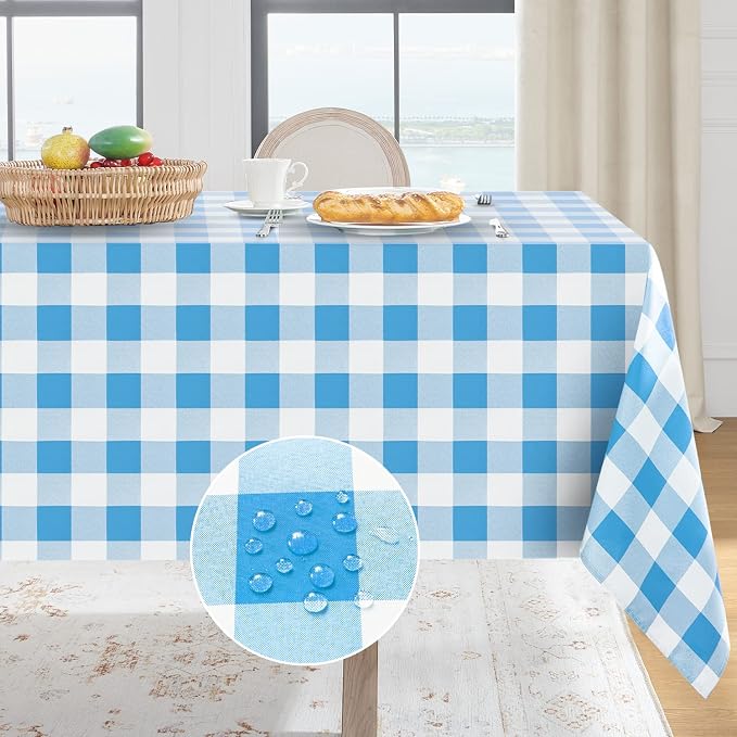 Softalker Gingham Checkered Tablecloth Square - Outdoor Waterproof Buffalo Plaid Table Cloth, Stain Resistant Washable Table Cover for Picnic, Camping, Dining - Blue and White, 54 x 54 Inch