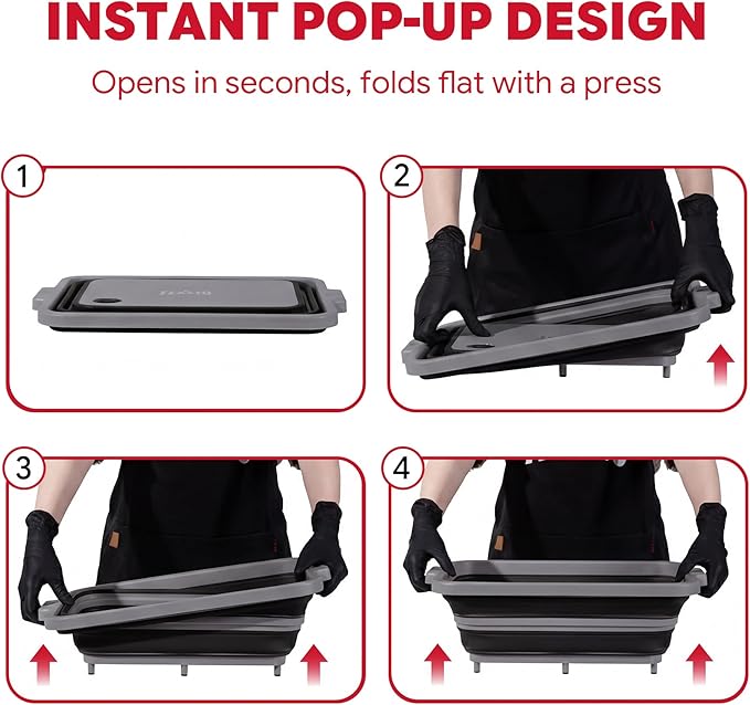 Feasto Collapsible BBQ Prep Tubs with Cutting Board, 9-IN-1, 2 Tubs Portable Grill Prep Station with Side Brackets, Lids, Knives, Meat Claws and Drain Rack, Space-Saving for Kitchen & Camping, Black