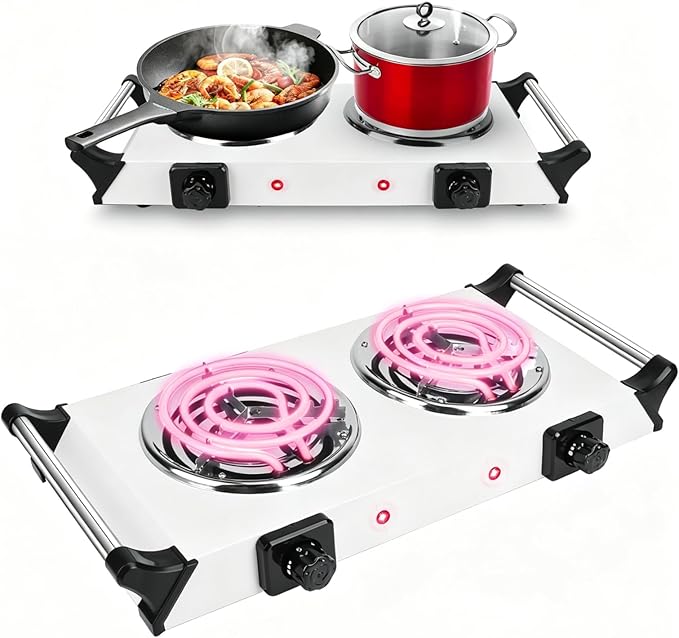 2000W Double Burner Electric, Portable Hot Plate for Cooking, Cooking Stove with 5 Temperature Adjustments, Countertop Burner Cooktop for Kitchen, Dorm (2Burner_White, 21x10x4")