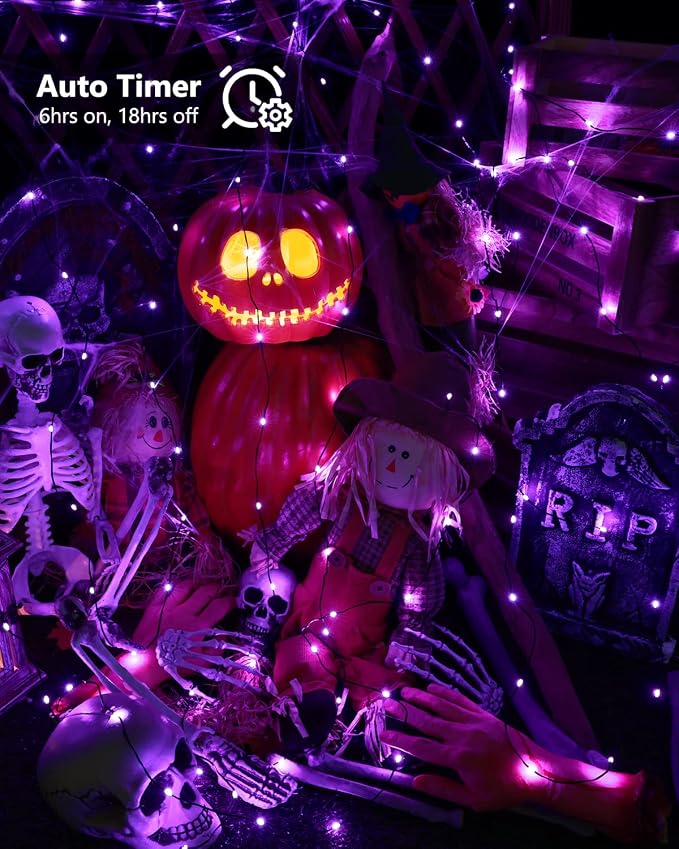 Brizled Purple String Lights, 2 Pack 50 LED Battery Powered Halloween Light | 8 Modes Purple Fairy Lights with Timer, Twinkle Halloween Tree Lights Black Wire for Indoor Outdoor Party Garden Yard Decor