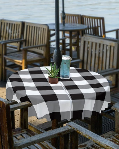 Black and White Checkered Outdoor Tablecloth - 54 Inch Round Dining Table Cover, Farmhouse Buffalo Plaid Waterproof Outdoor Table Cloth with Umbrella Hole & Zipper for Picnic/Patio/Party
