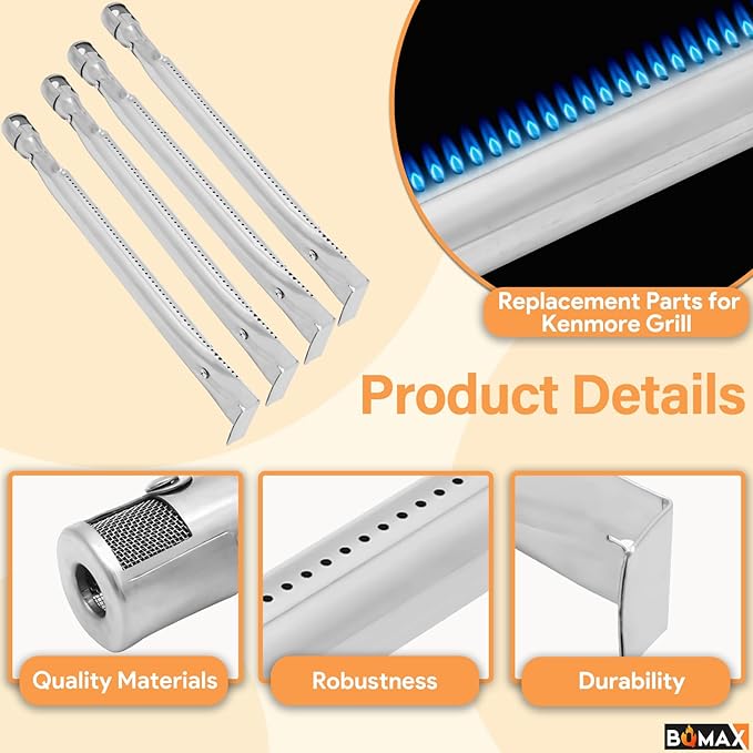 BQMAX Grill Parts for Kenmore 4 Burner Grill 146.34611410 146.23678310 146.10016510 146.23679310 146.16142210 146.23673310 Heat Plate & Burner Kit for Kenmore Grill Replacement Parts