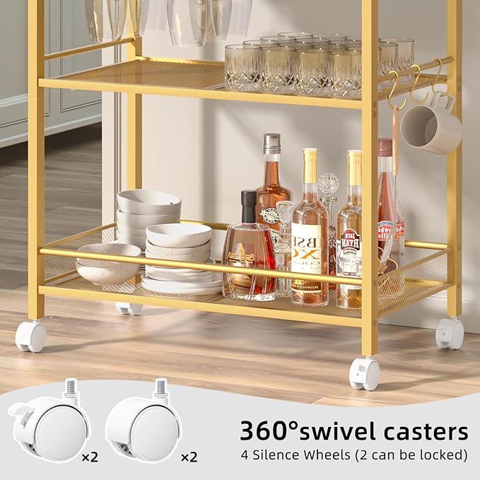 Joaxswe Bar Cart,3-Tier Home Bar Serving Cart with Lockable Wheels,Gold | Microwave Cart,Mobile Kitchen Shelf,Rolling Beverage Cart with Wine Rack and Glass Holder for Kitchen,Dinning Room