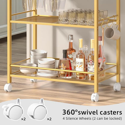 Joaxswe Bar Cart,3-Tier Home Bar Serving Cart with Lockable Wheels,Gold | Microwave Cart,Mobile Kitchen Shelf,Rolling Beverage Cart with Wine Rack and Glass Holder for Kitchen,Dinning Room