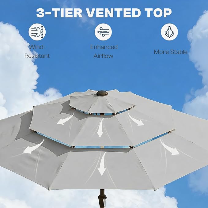 10ft 3 Tier Patio Umbrella, Outdoor Market Table Umbrella with UPF 50+ Vented Canopy, 8 Sturdy Ribs, Easy Push Button Tilt and Crank, Windproof for Deck, Pool, Backyard and Garden